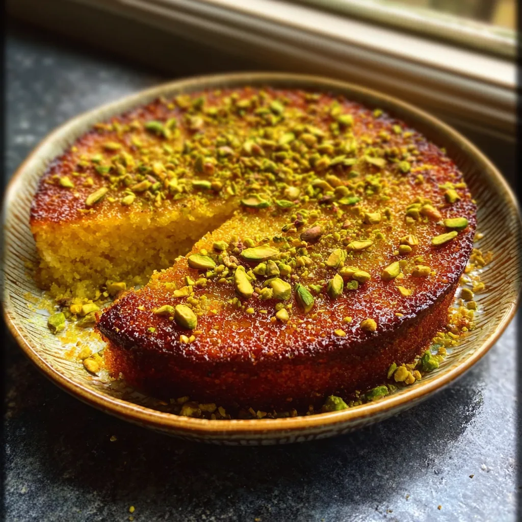 Saffron Pistachio Basbousa